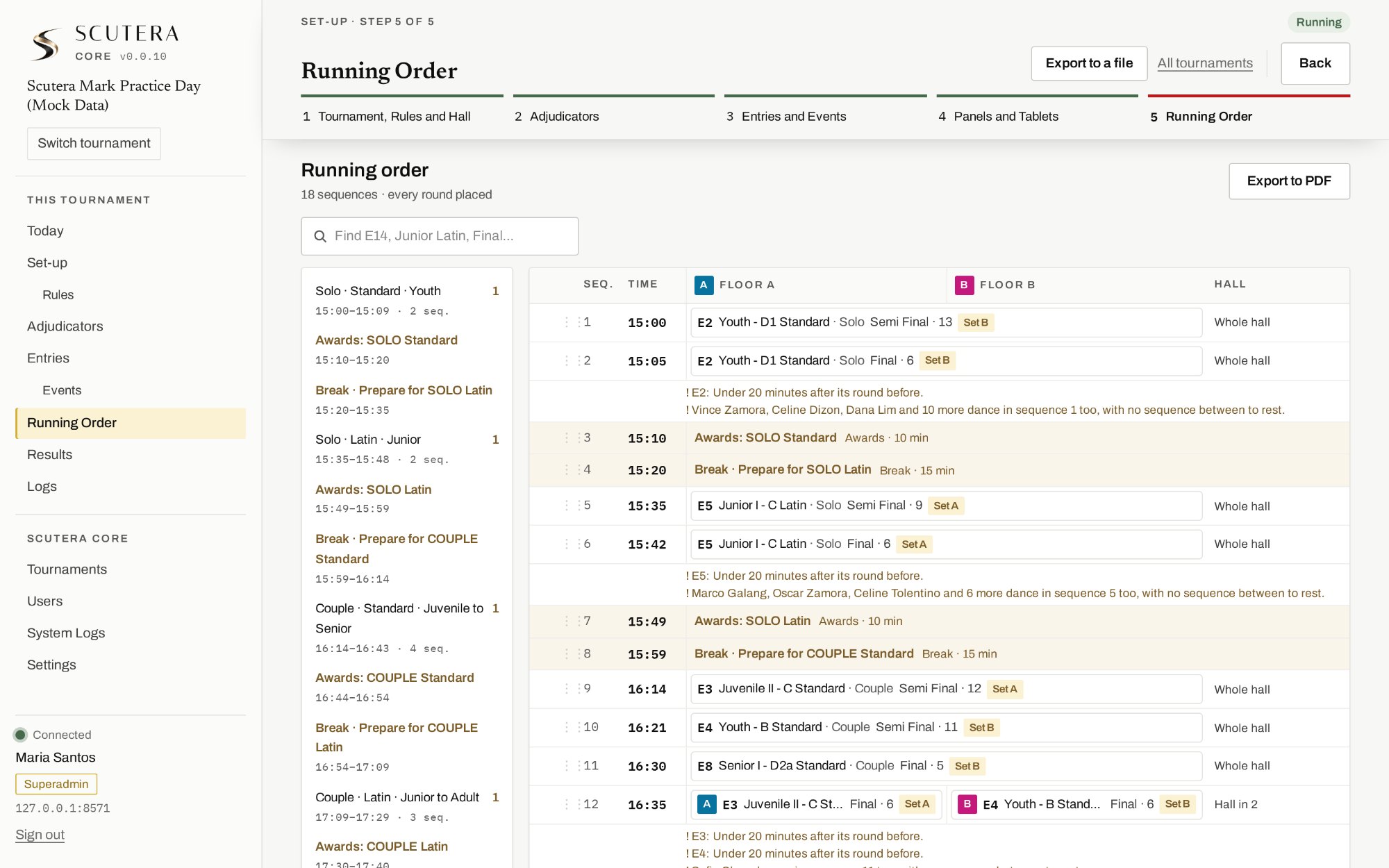 The running order: sequences with their times, breaks and awards, on one floor or two